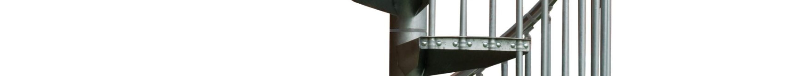 External staircase Rondo Zink Plus with galvanised steel treads and galvanised metal balustrade with vertical bars and aluminium handrail.