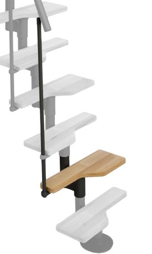 A toddler plays with colorful toys on the floor in front of the mounted "Annika" wooden child safety gate. The gate is installed between two walls, separating the play area from the kitchen behind.