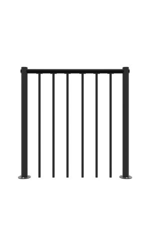 Black metal balustrade with two vertical corner posts, a horizontal top bar, and six evenly spaced vertical rods in the middle.
