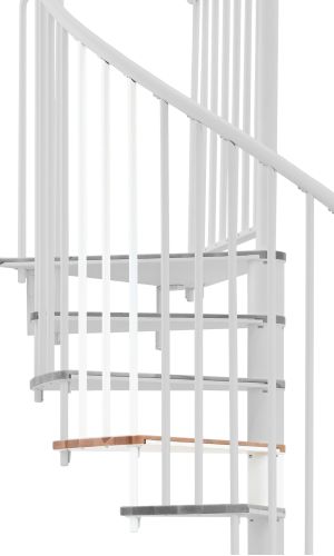 A toddler plays with colorful toys on the floor in front of the mounted "Annika" wooden child safety gate. The gate is installed between two walls, separating the play area from the kitchen behind.