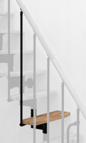 A toddler plays with colorful toys on the floor in front of the mounted "Annika" wooden child safety gate. The gate is installed between two walls, separating the play area from the kitchen behind.