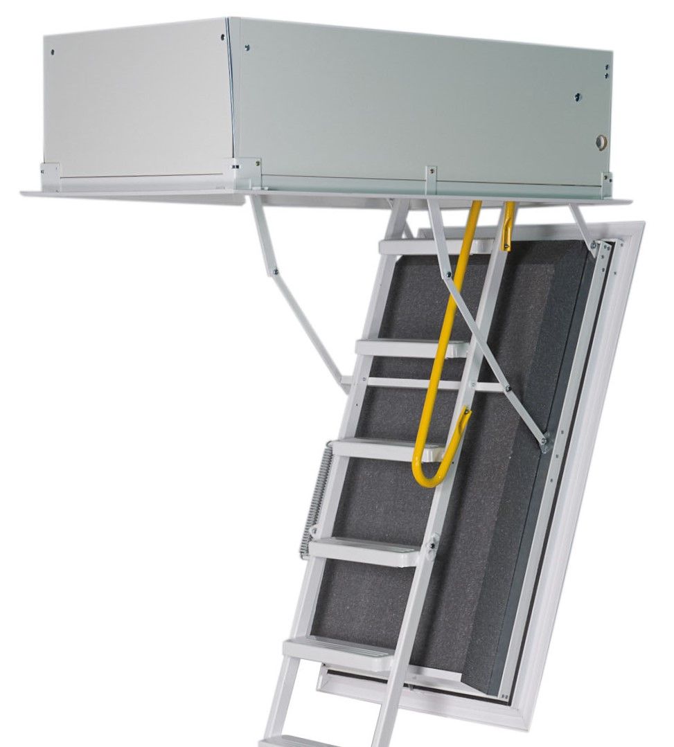 Detailed view of the casing of the Arctic Fire attic ladder. Visible is the white metallic structure above the ceiling with an attached lid frame, as well as the thermally insulated trapdoor beneath it.