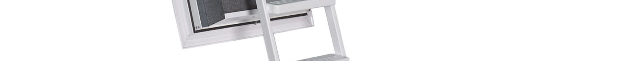 Arctic Fire attic ladder with a sturdy aluminum ladder, insulated dark grey trapdoor, and surrounding upper cover. The ladder features a thermal insulation value of 0.21 W/m²K, EI30 fire protection certification, and a yellow safety handle at the entry point.