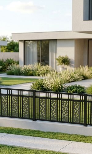 Modern home with clean architectural lines, a spacious terrace, and landscaped garden, enclosed by a dark metal fence with geometric decorative elements.