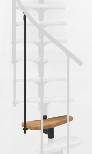 A toddler plays with colorful toys on the floor in front of the mounted "Annika" wooden child safety gate. The gate is installed between two walls, separating the play area from the kitchen behind.