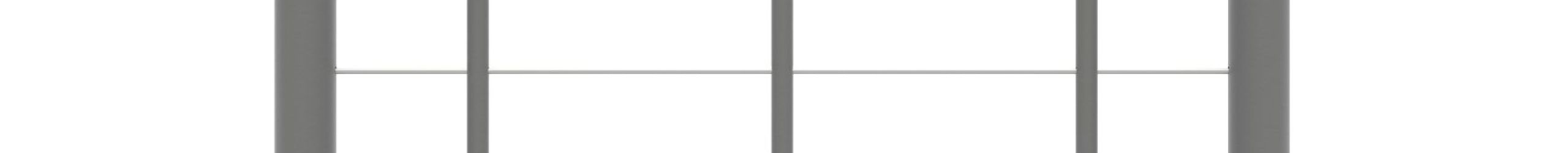 Straight balustrade with vertical metal rods and PVC handrail in grey with horizontal stainless steel chords. An overall view of the balustrade is shown from the front.