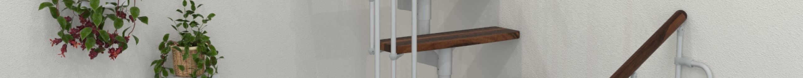 Central stringer staircase with walnut-finish steps and a white metal railing, viewed from the side. The staircase follows a 180-degree turn along the wall.