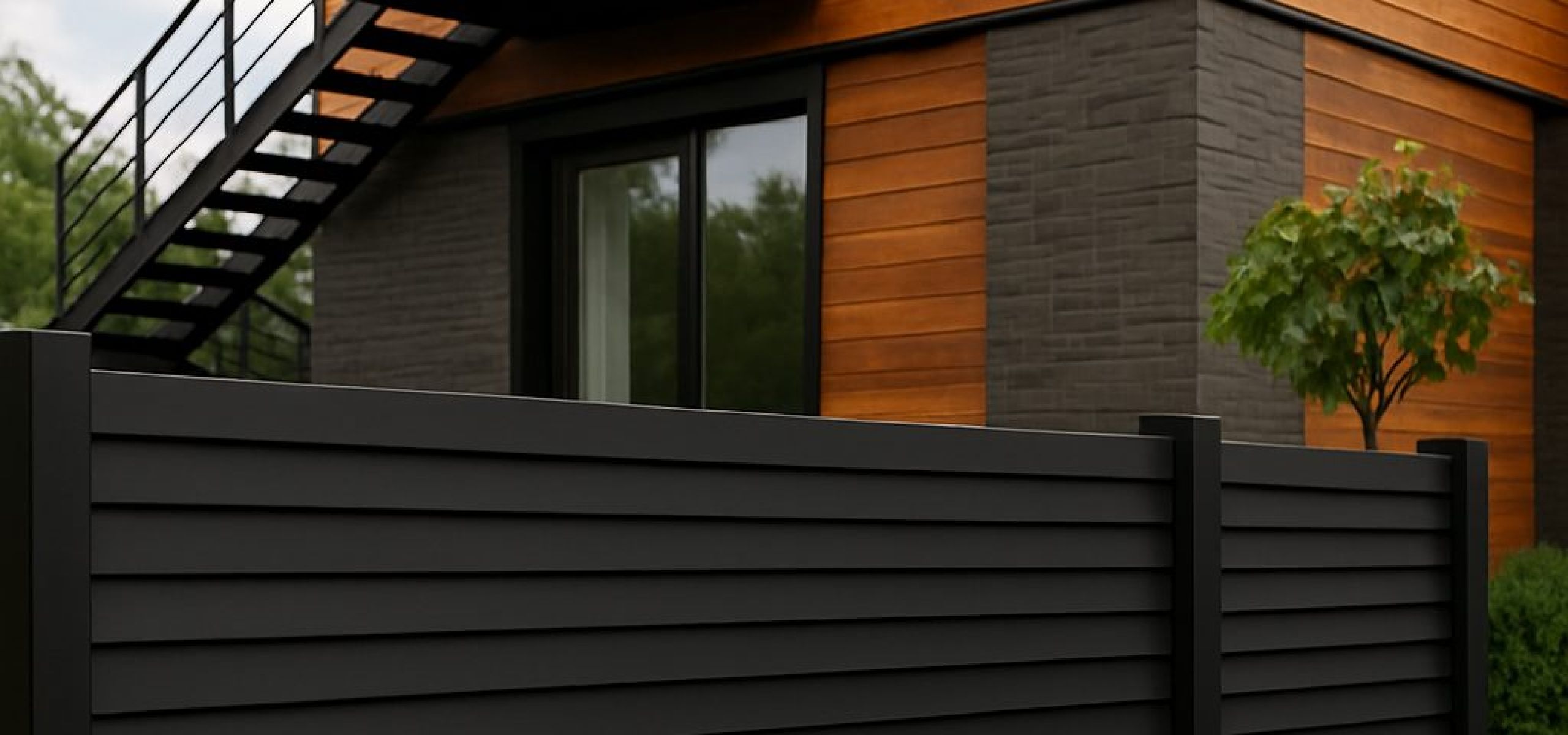 Modern anthracite garden fence with horizontal panels in front of a contemporary house with wooden facade and balcony.