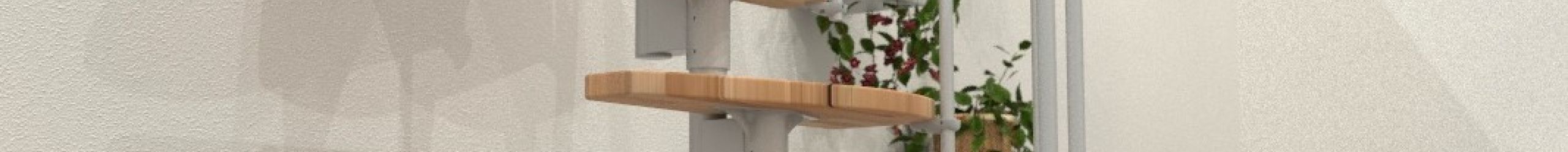 Monte Carlo central stringer staircase with beech steps and a white metal railing with horizontal bars and a PVC handrail.