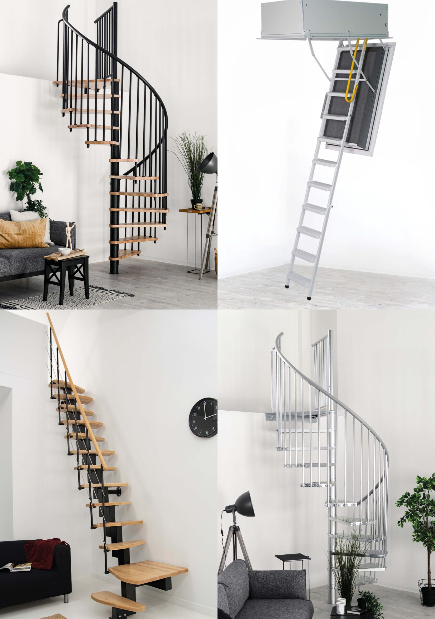 Four different staircase solutions by Minka: black spiral staircase, attic staircase with hatch, space-saving staircase with wooden steps, silver spiral staircase – each shown in modern living spaces.