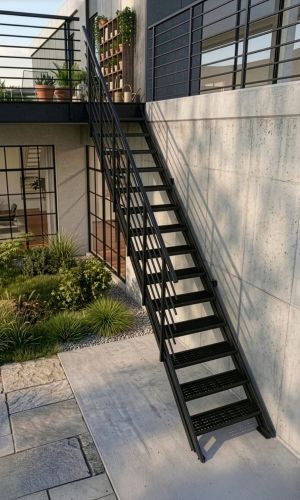 A black metal external staircase against a modern house façade, featuring a terrace, large windows and a planted courtyard.