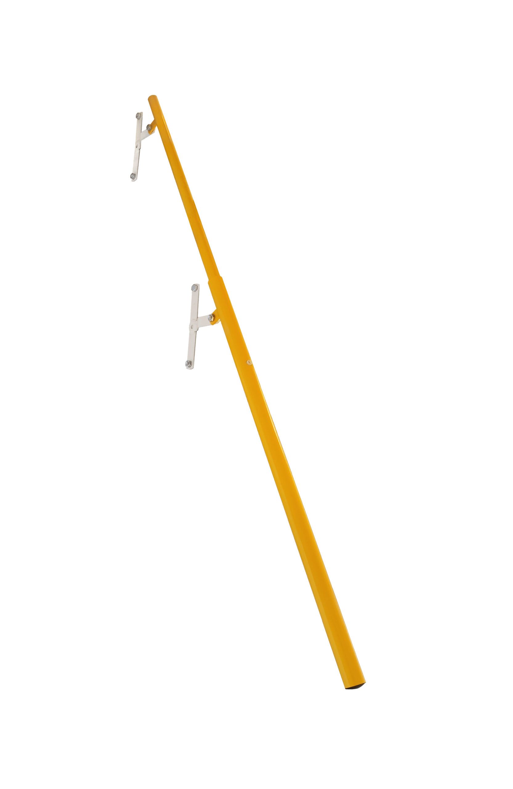 Yellow telescopic handrail with two white wall brackets, diagonally positioned on a white background.