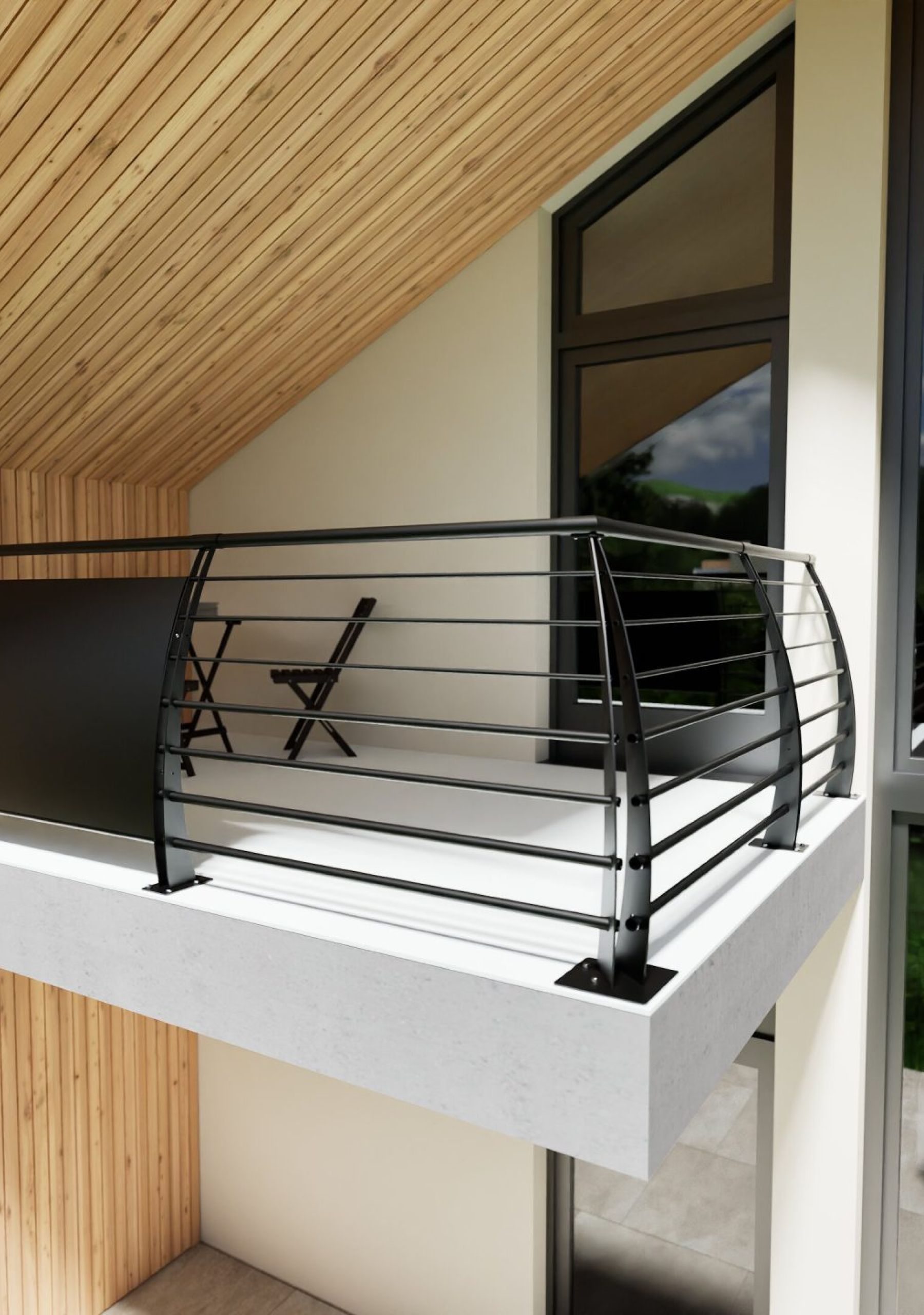Modern Saturn balustrade in anthracite on a free-standing balcony with wooden cladding and monopitch roof. The railing impresses with its curved cross struts and a central opaque privacy screen element made of anthracite-colored sheet metal.