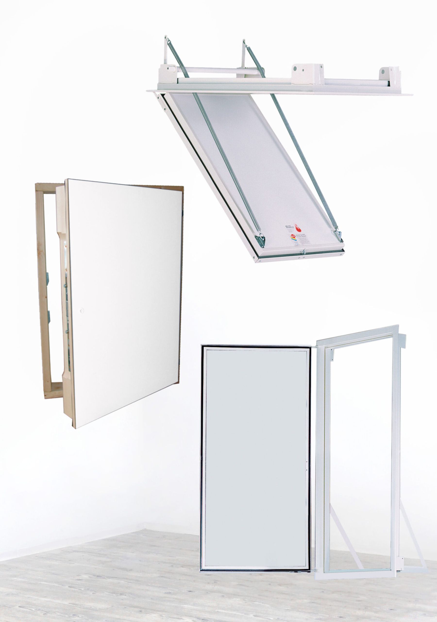 The image shows various special solutions for access systems, such as attic ladders. These are different designs and frames for attic hatches, including both standard and custom-made models. The products displayed offer different mechanisms for easy access to attic spaces, each with a sturdy and space-efficient design.