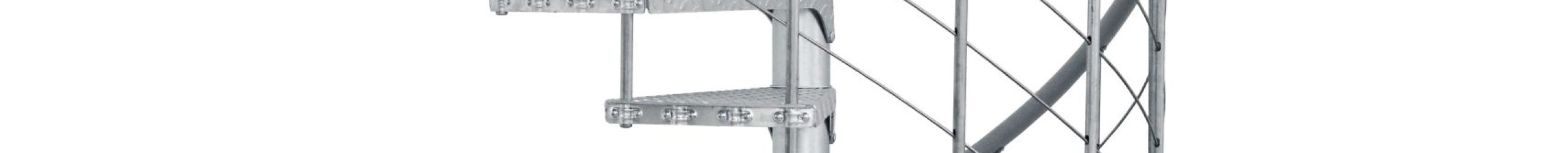 Spino Zink Smart spiral staircase made of galvanized metal with anti-slip checker plate steps and railing featuring vertical bars, horizontal cables, and a PVC handrail.