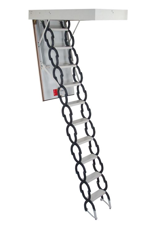 Elegance scissor attic ladder with white hatch lid and extendable metal scissor stair system. The compact design features black rings and silver treads for space-saving attic access.
