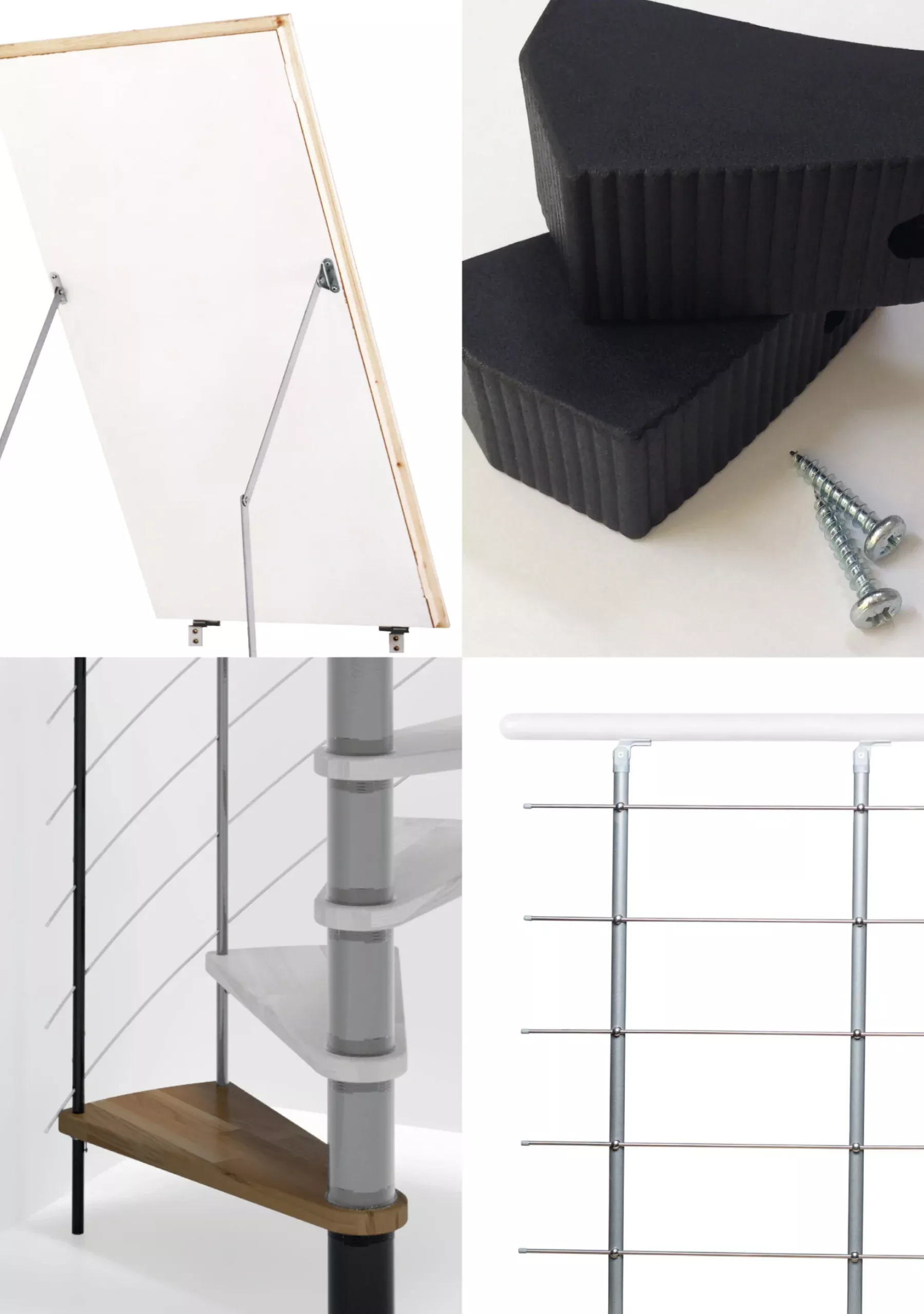 Collage of staircase accessories: Top left shows a white insulated cover with metal supports, next to two black rubber wedges and screws. Bottom left displays a spiral staircase section with wooden steps and stainless steel cables as railing, bottom right a stainless steel railing element with horizontal bars.