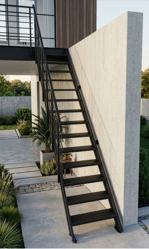 A black metal staircase against a modern concrete wall in the outdoor area of a house, surrounded by plants and clean architectural lines.