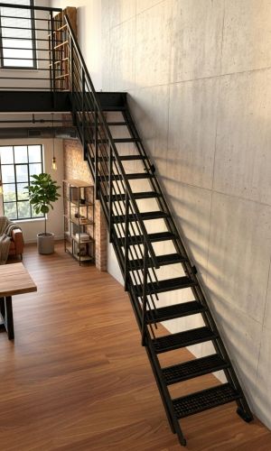 A black metal staircase with a banister against a concrete wall in a modern loft with wooden flooring and a large window front.