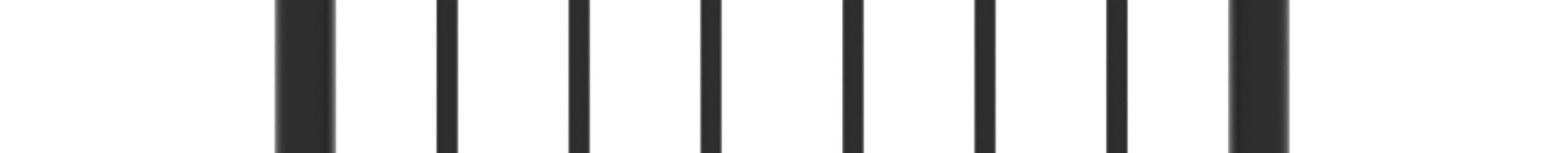 Black metal balustrade with two vertical corner posts, a horizontal top bar, and six evenly spaced vertical rods in the middle.