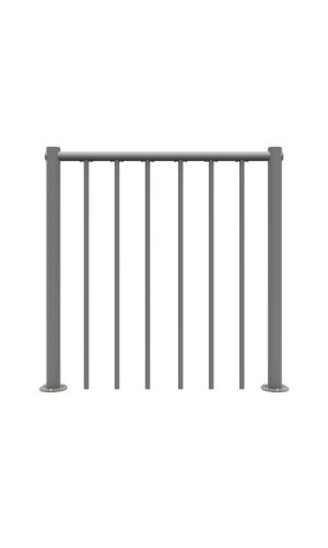 A toddler plays with colorful toys on the floor in front of the mounted "Annika" wooden child safety gate. The gate is installed between two walls, separating the play area from the kitchen behind.