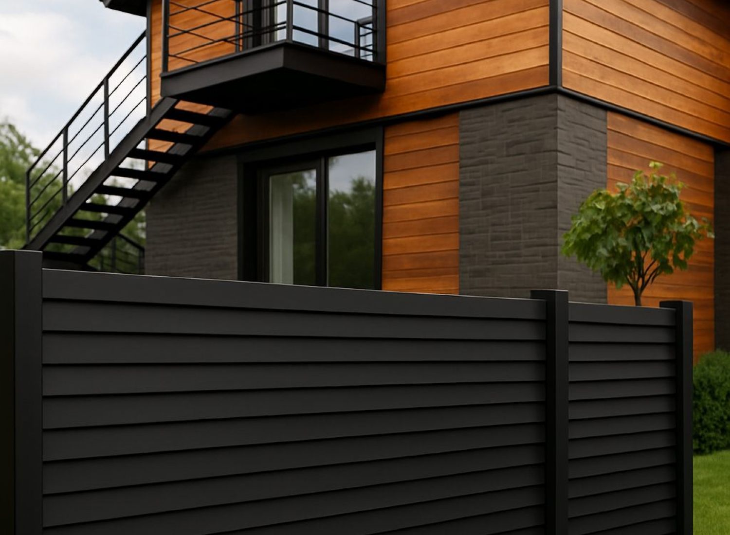 Modern anthracite garden fence with horizontal panels in front of a contemporary house with wooden facade and balcony.
