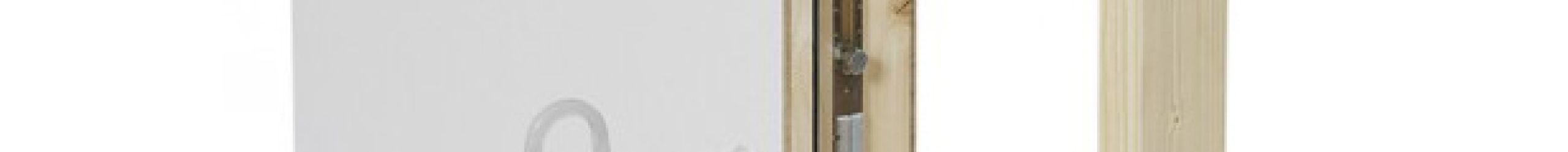 Open wooden inspection door with visible wooden frame, white door panel, and integrated locking hook. The metal locking mechanism is embedded in the door rebate.