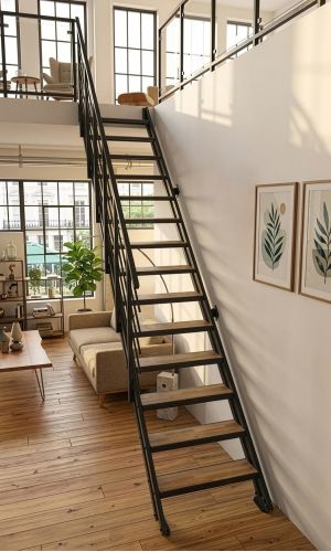 A black metal staircase with wood steps and a banister against a concrete wall in a modern loft with wooden flooring and a large window front.