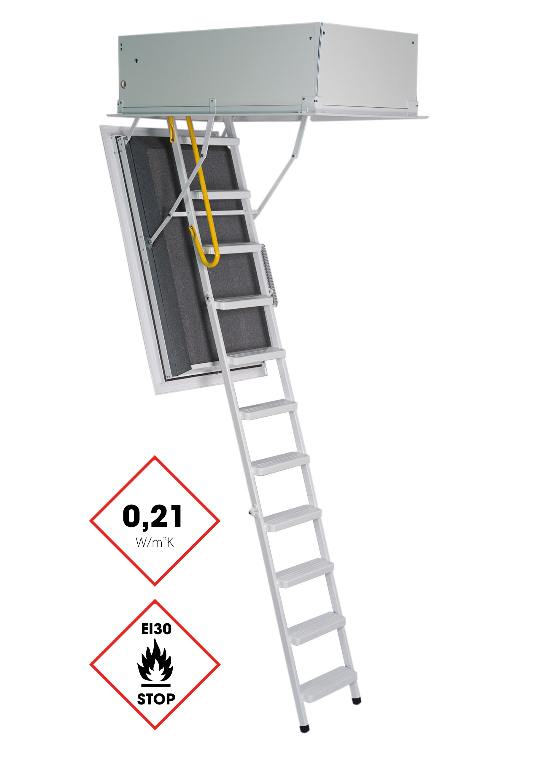 Arctic Fire attic ladder with a sturdy aluminum ladder, insulated dark grey trapdoor, and surrounding upper cover. The ladder features a thermal insulation value of 0.21 W/m²K, EI30 fire protection certification, and a yellow safety handle at the entry point.