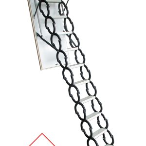 Euro Star attic staircase with metal scissor ladder system and insulated hatch door. The thermal insulation is rated at 1.1 W/m²K.