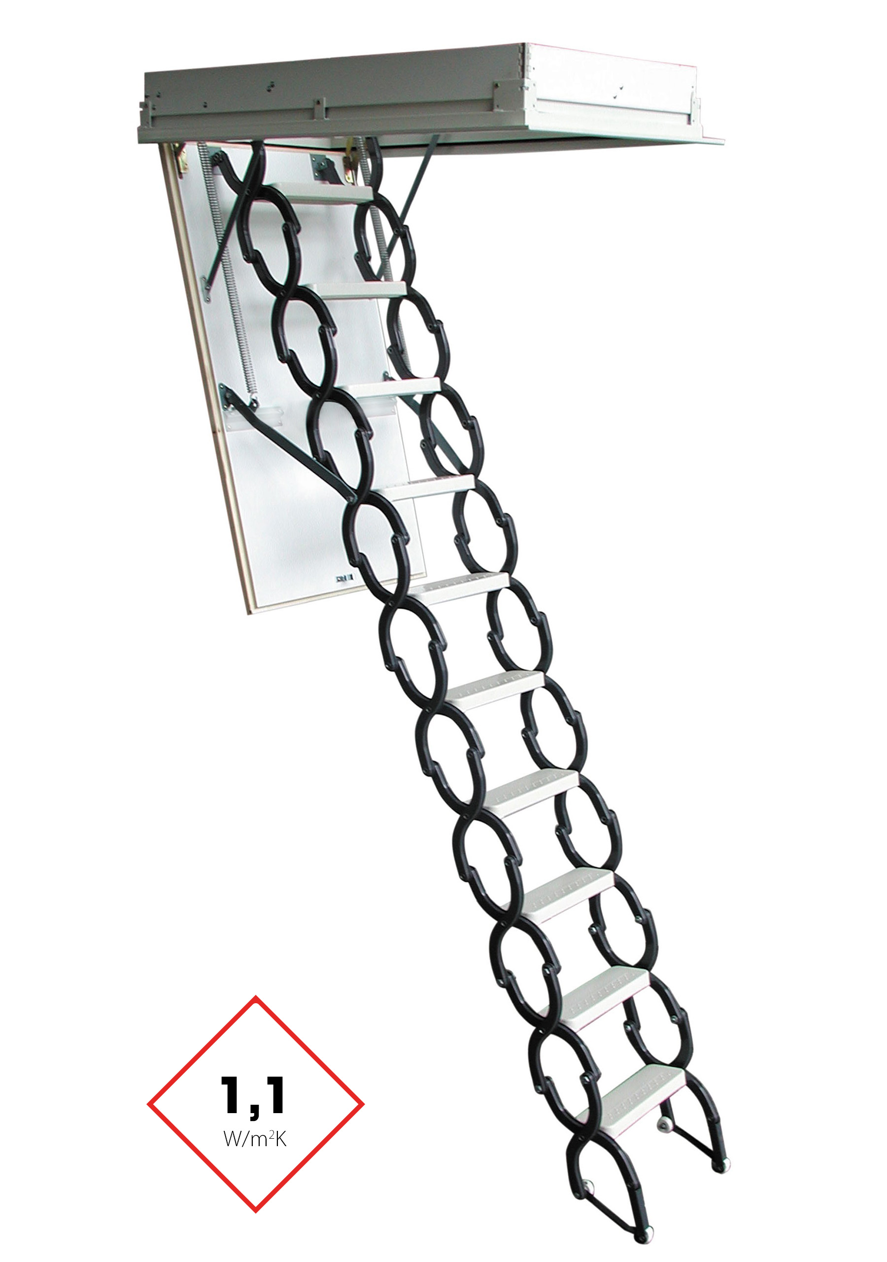Euro Star attic staircase with metal scissor ladder system and insulated hatch door. The thermal insulation is rated at 1.1 W/m²K.