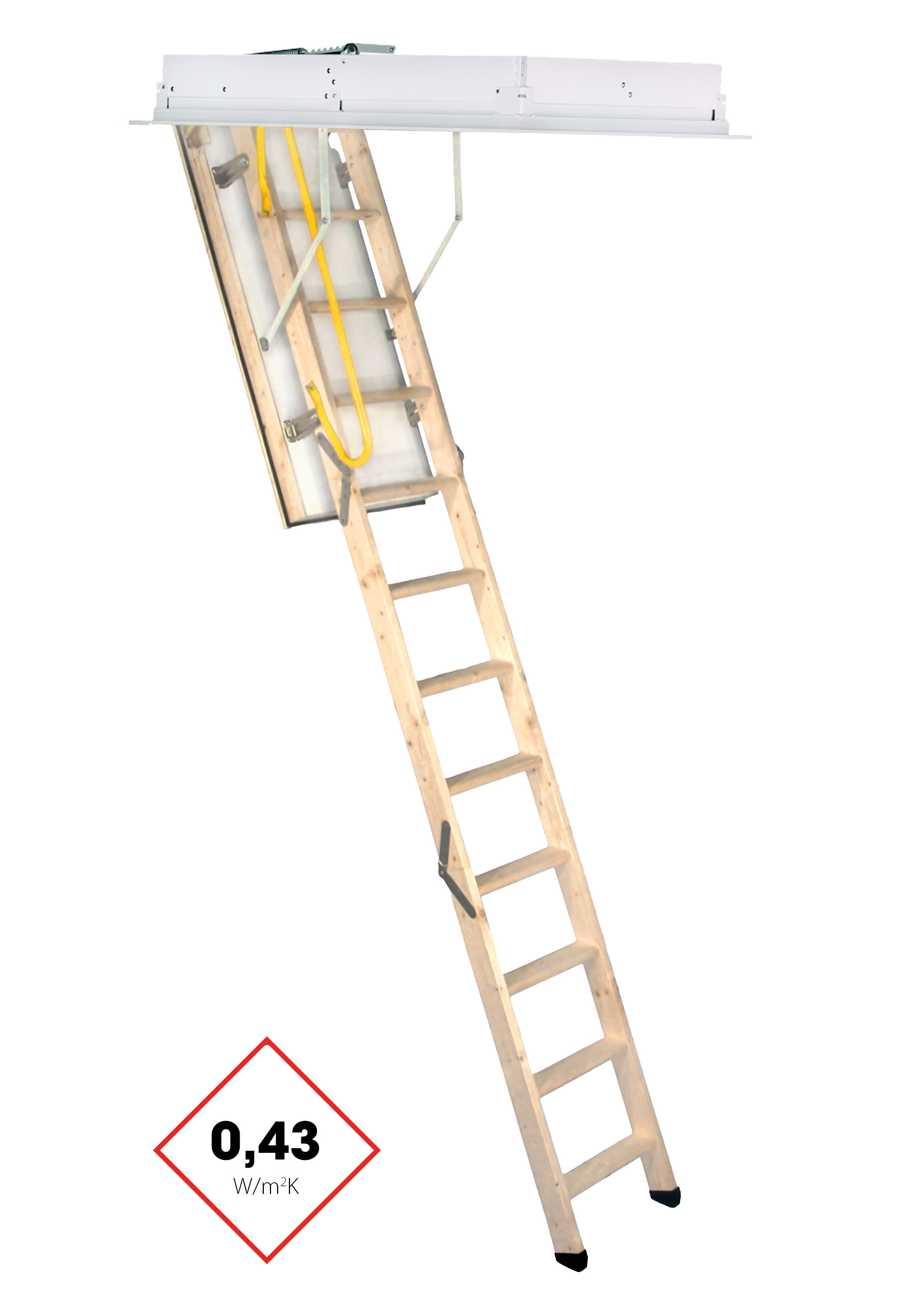 Loft ladder Euro Trend Profi with insulated white hatch, 3-section wooden ladder, and surrounding hatch box. The ladder features a thermal insulation value of 0.43 W/m²K, a yellow safety handrail, and sturdy metal support arms for easy opening.