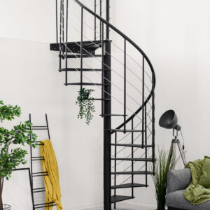 Modern “Milano” spiral staircase made of black metal. The staircase features open metal steps, a railing with vertical rods, horizontal base bars (underguards), and a black PVC handrail.
