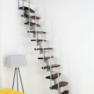 Monaco space-saving staircase with alternating walnut-finish steps and a grey metal structure. Equipped with a side metal railing that curves at the top end.