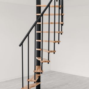 The Suono Smart spiral staircase features a space-saving design with a black central column, black railing rods, and light wooden steps – ideal for minimalist living spaces.