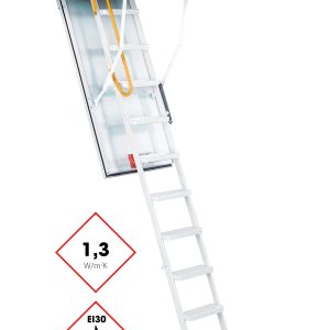 Attic ladder Type 12 Solid with white aluminum ladder, insulated hatch lid, and surrounding upper cover. The ladder features 1.3 W/m²K thermal insulation, EI30 fire protection certification, and a yellow safety handle at the entry.