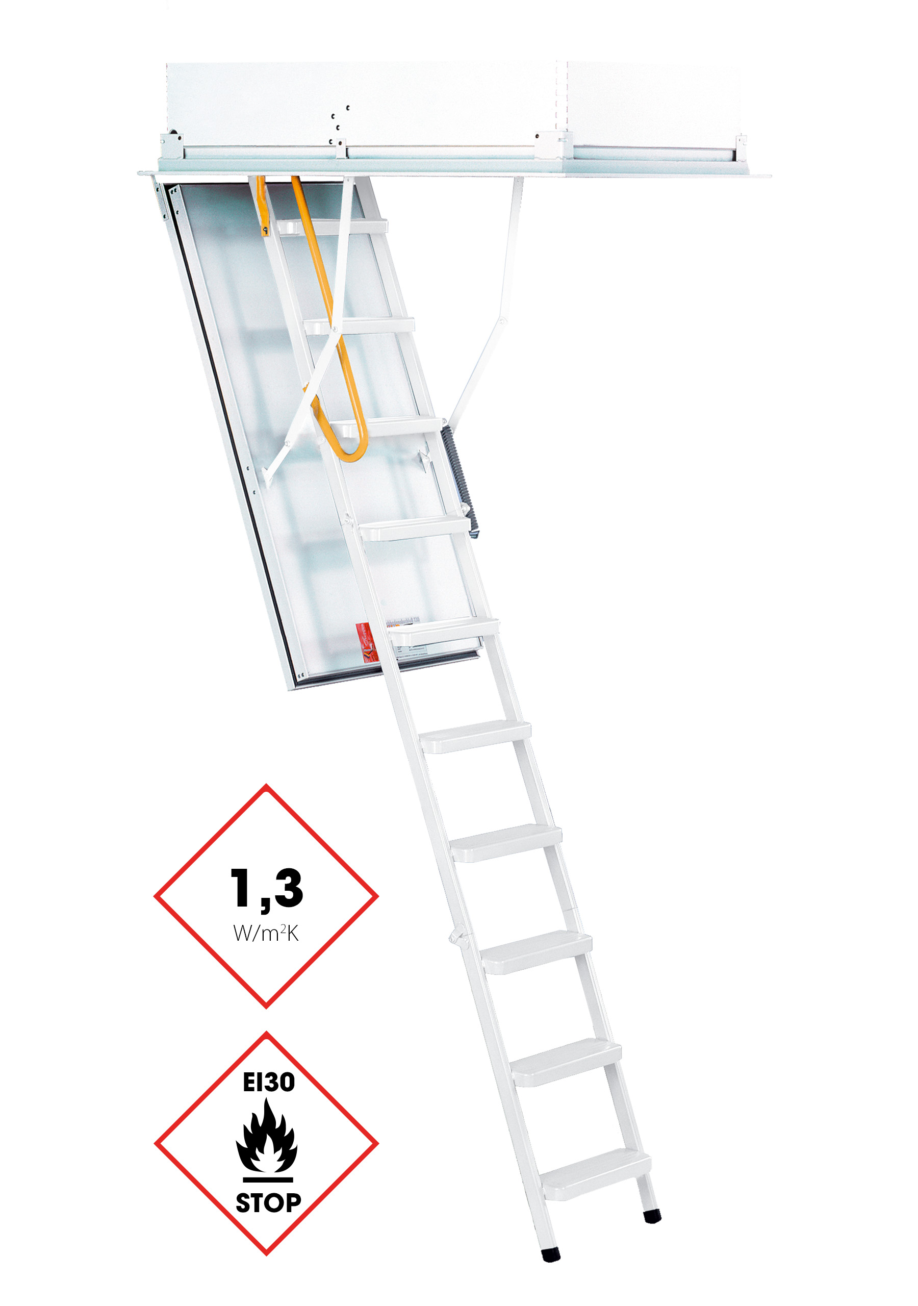 Attic ladder Type 12 Solid with white aluminum ladder, insulated hatch lid, and surrounding upper cover. The ladder features 1.3 W/m²K thermal insulation, EI30 fire protection certification, and a yellow safety handle at the entry.