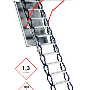 Attic ladder Type 13 X-Large with a scissor-style metal stair system and an extra-large ceiling opening. Features an insulated silver lid panel, all-round thermal insulation (1.3 W/m²K), EI30 fire protection marking, and red lever arms for assisted operation.