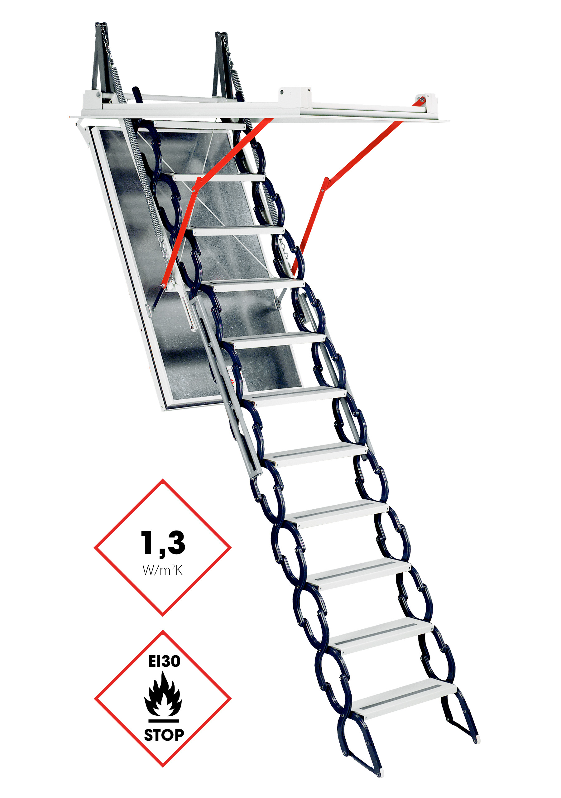 Attic ladder Type 13 X-Large with a scissor-style metal stair system and an extra-large ceiling opening. Features an insulated silver lid panel, all-round thermal insulation (1.3 W/m²K), EI30 fire protection marking, and red lever arms for assisted operation.