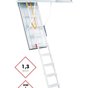Attic ladder Type 15 Exklusiv with white aluminium ladder, insulated hatch (1.3 W/m²K), surrounding upper cover, and yellow safety handle. Equipped with EI30 fire protection rating.