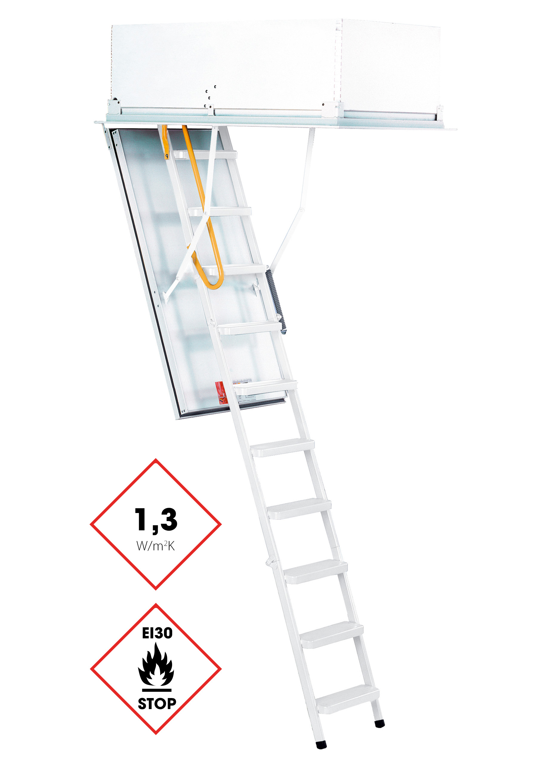 Attic ladder Type 15 Exklusiv with white aluminium ladder, insulated hatch (1.3 W/m²K), surrounding upper cover, and yellow safety handle. Equipped with EI30 fire protection rating.