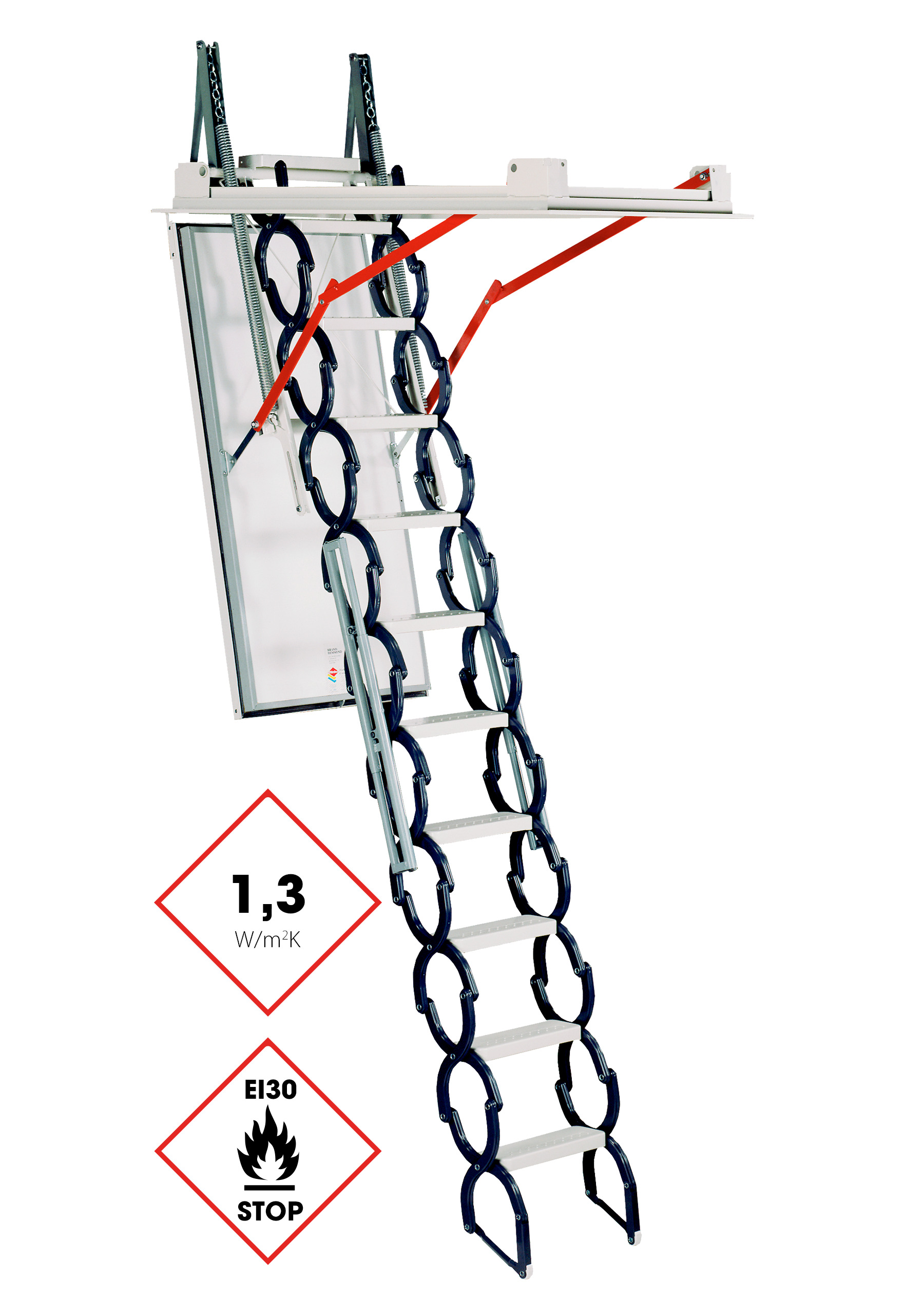 Loft ladder Type 18 Small with scissor stair system made of metal, white lid, all-round thermal insulation (1.3 W/m²K), and EI30 fire protection marking. The ladder features red side lever arms to assist with operation.
