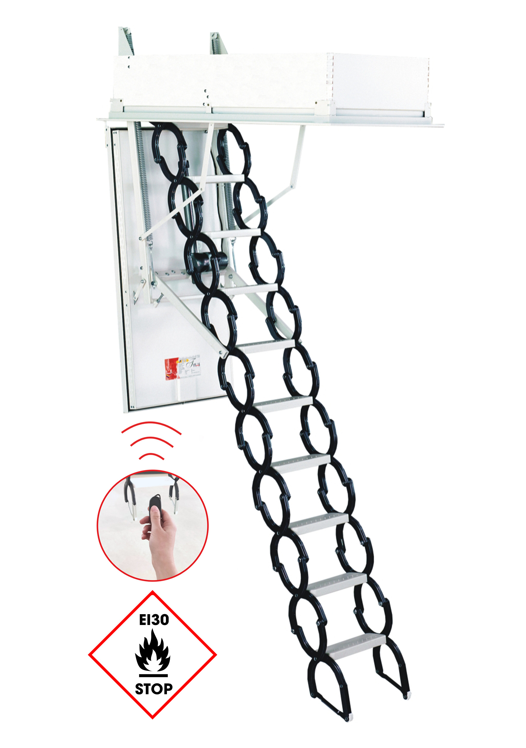 Electric attic staircase Type 18 Univers with metal scissor ladder system, white lid, and all-around insulation. Integrated remote control and EI30 fire protection marking visible.