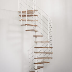 Spiral staircase Venezia Smart with beech wood steps, white metal parts, white PVC handrail and stainless steel bottom rails, installed in a white room.