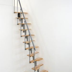 Vienna central stringer staircase with beech steps, grey metal railing, and PVC handrail.