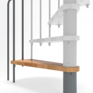 Height extension for the staircase Berlin with steps in beech, grey steel railing and PVC handrail. A detail of the additional step and the balusters is shown.