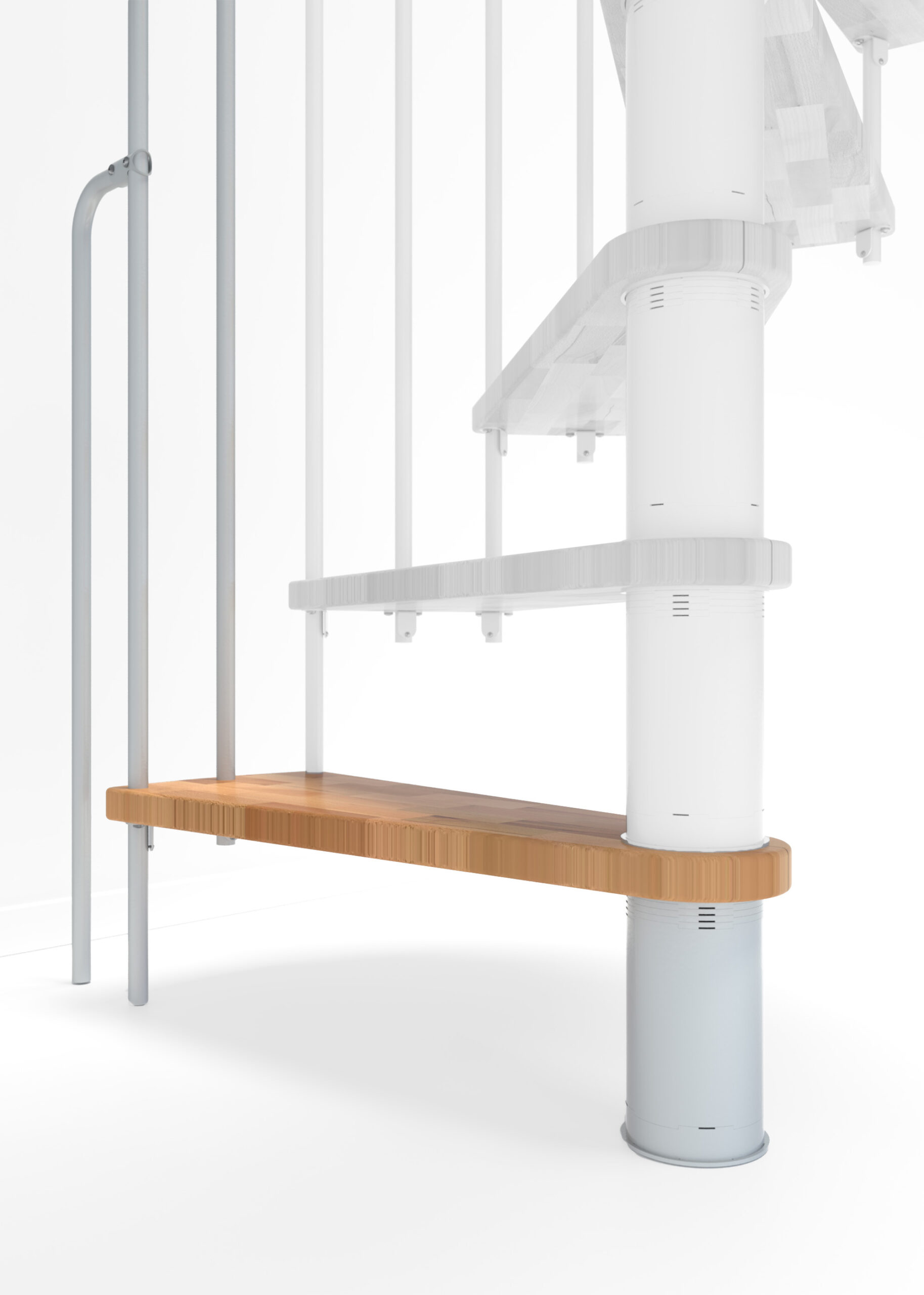 Height extension for the staircase Berlin with steps in beech, white steel railing and PVC handrail. A detail of the additional step and the balusters is shown.