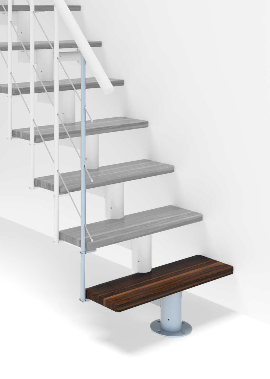 Height extension for the Comfort Top staircase with walnut steps and white metal. Shown is a detail of the additional step, the railing bars, and the handrail.
