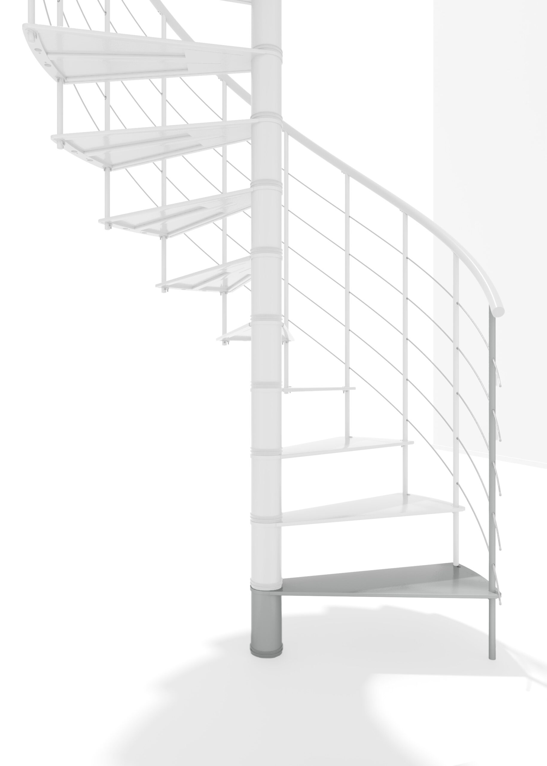 Height extension for the Milano staircase made of white metal. Shown is a detail of the additional step, the railing bars, and the handrail.
