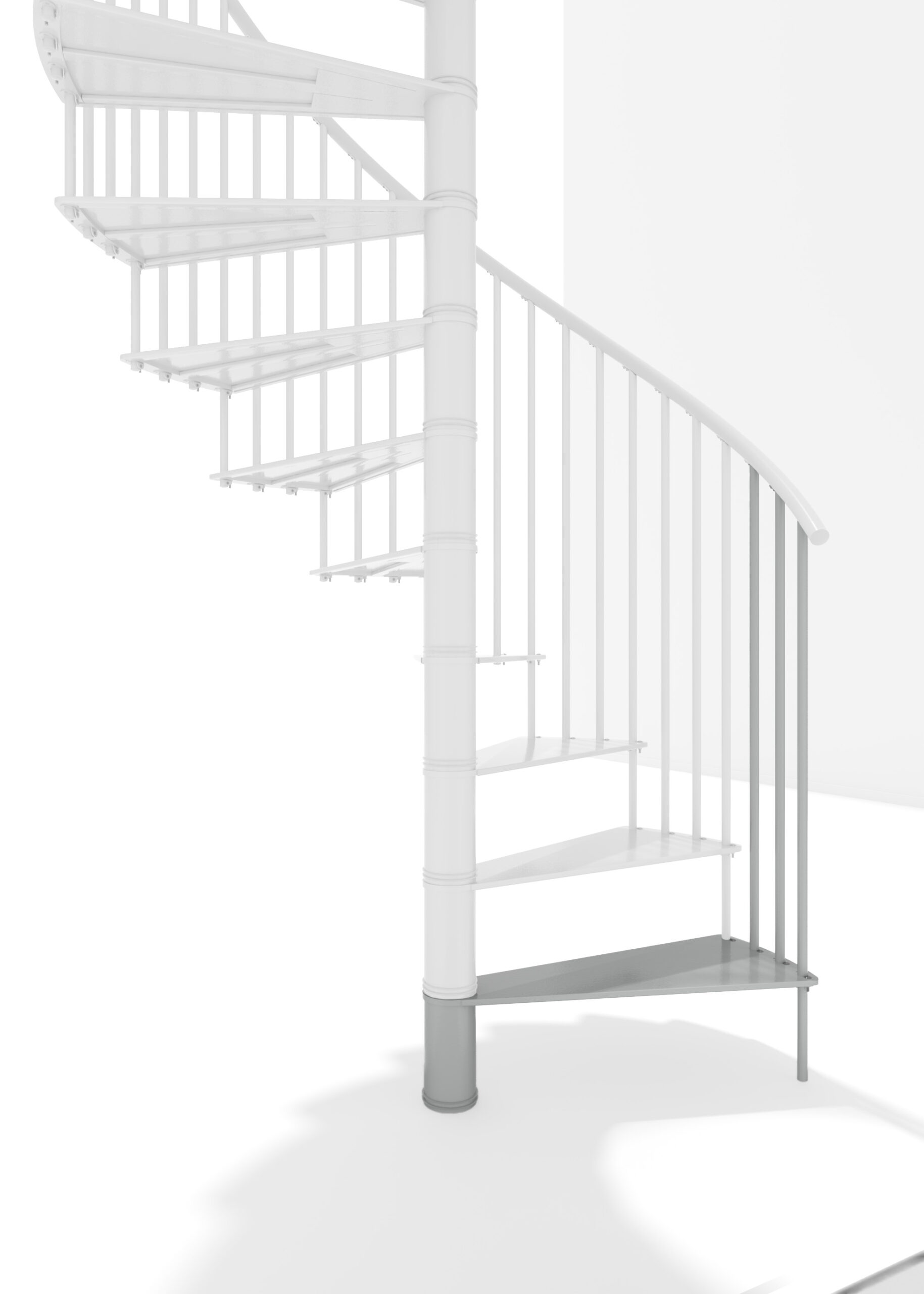 Height extension for the Portofino staircase made of white metal. Shown is a detail of the additional step, the railing bars, and the handrail.